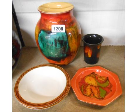 A vintage Poole Pottery Delphis dish - sold with a similar modern vase, a smaller cylindrical vase and two oven proof bowls