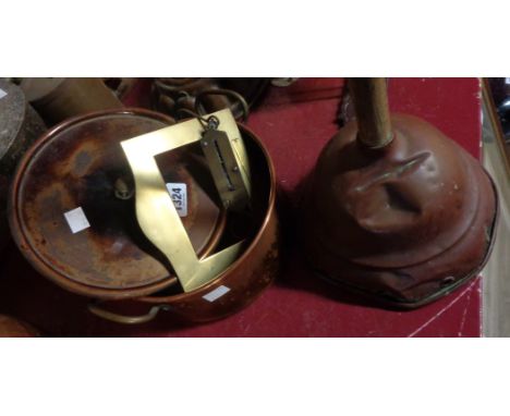 A copper two handled saucepan - sold with a brass picture frame, a Salter spring balance scale and an old copper washing doll