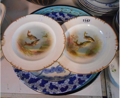 A pair of George Jones cabinet plates with hand painted fish design - signed W Birbeck (a/f) - sold with a large Masons Irons