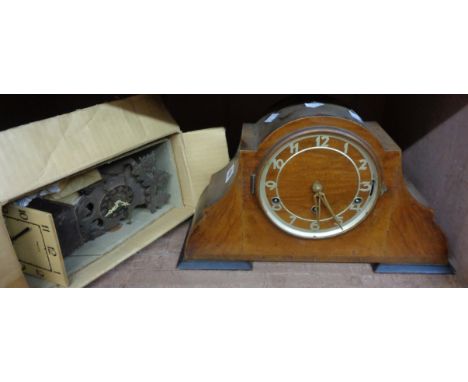 A vintage walnut cased mantle clock with German eight day chiming movement - sold with a small cuckoo wall clock and another 