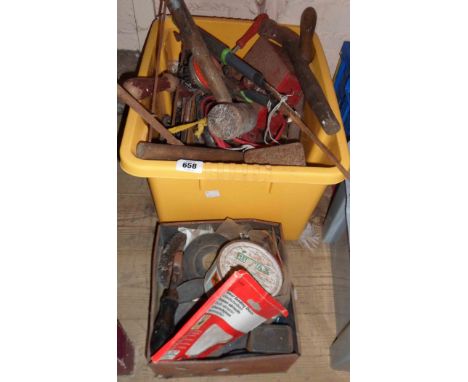 A plastic crate containing a large quantity of assorted of tools including hammers, hand drill, etc.