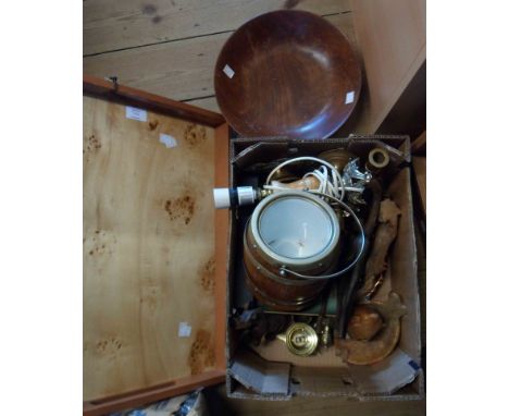 A box containing a quantity of collectable items including wooden figurines, brass twist candlestick, wooden bowl, etc. - sol