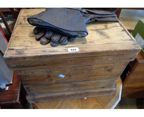 A 50cm late 19th Century pine lift-top chest with two sliding tray shelves and flanking iron carrying handles