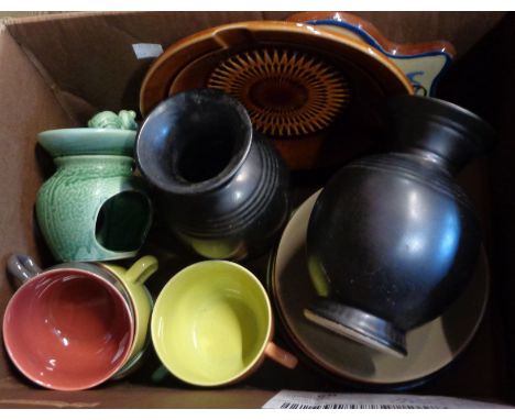 A box containing a quantity of assorted ceramic items including Torquay pottery, etc.