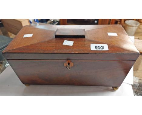 A 19th Century mahogany and strung sarcophagus form tea caddy with interior of removable boxes and central liner space - orig