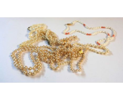 A vintage three strand Ciro simulated pearl necklace with marked 9ct. clasp - sold with a string of graduated cultured pearls