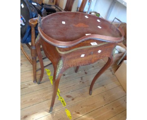 A 48cm 19th Century French inlaid walnut vanity table with brass mounts and internal mirror - sold with a kidney shaped tea t