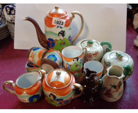 A Japanese eggshell porcelain part coffee set - sold with a pottery teapot, sucrier and milk jug set, etc. - various conditio