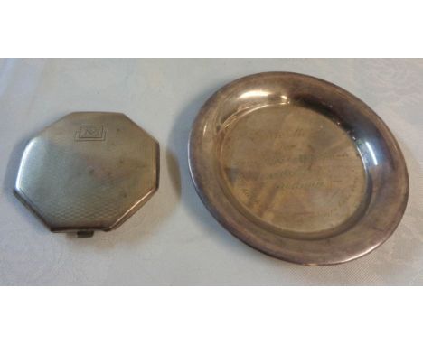 A silver compact case and a silver pin tray - both personalised