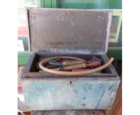 A small old painted pine toolbox with lift-out tray containing a quantity of tools