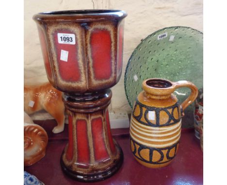 A vintage Scheurich-Keramik West German jardiniere on stand with red glaze effect panels - sold with a similar handled vase