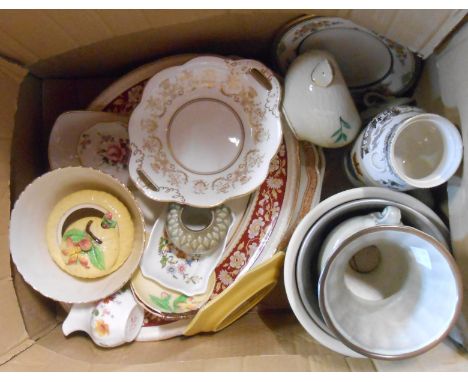 A box containing assorted ceramic items including Carltonware, Coalport, Royal Crown Derby, etc.