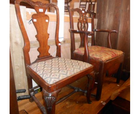 An antique mahogany dining chair with shell top rail and shaped splat back - sold with an antique Chippendale style mahogany 