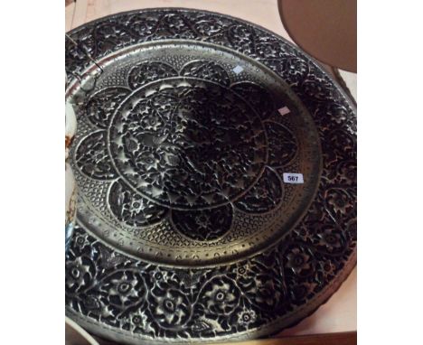 A large Jaipur brass tray with silvered finish - sold with a smaller oblong Eastern brass tray