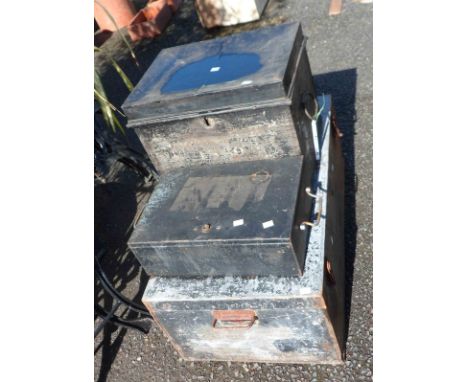 A large old tin trunk - sold with two smaller deed boxes
