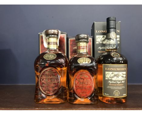 LONGMORN 15 YEARS OLD
Active. Longmorn, Moray.
70cl, 45% volume, in carton.
CARDHU AGED 12 YEARS - ONE LITRE
Active. Knockand