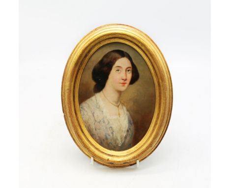 English School (19th century), Portrait of a lady, oval, oil on board, approx. 12cm x 17cm, In gilt frame.