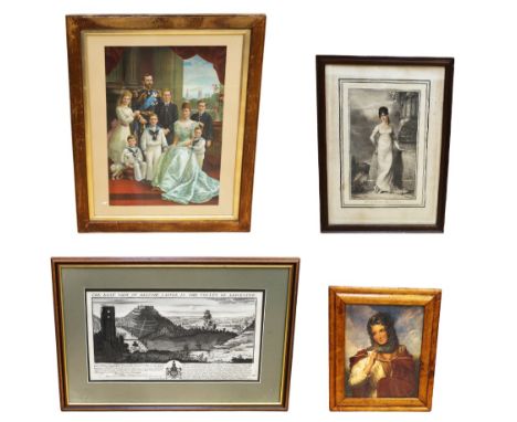 A collection of artwork to include watercolours and prints containing; an unsigned 19th century watercolour after Hayter's po