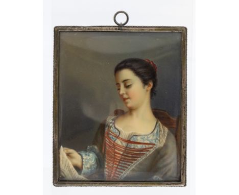 Continental School (19th Century) Portrait miniature of a seated Lady in 18th Century dress reading watercolour on card, appr