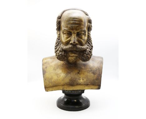 A 19th century German terracotta patinated (bronze effect) bust of Kaiser Wilhelm I, with title plaque below and on painted t