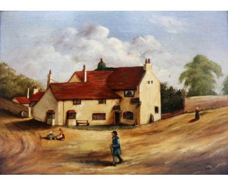 English School (19th Century) Inn by a Bridge with figures walking by (possibly Trent Bridge)&nbsp; oil on canvas, 24 x 35cm&