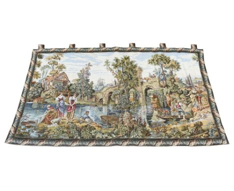 A 20th century wall hanging tapestry, depicting village scene by a river with farmers, approx. 181cm x 101cm. (stained)
