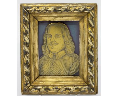 A small 19th century engraved thick brass portrait of a 17th century gentleman, possibly Oliver Cromwell or John Bunyan, in g