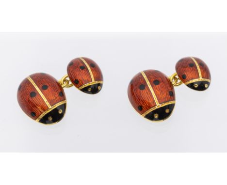 Longmire- a pair of 18ct gold and enamel cufflinks by Longmire of London, comprising oval domes modelled as ladybugs in red g
