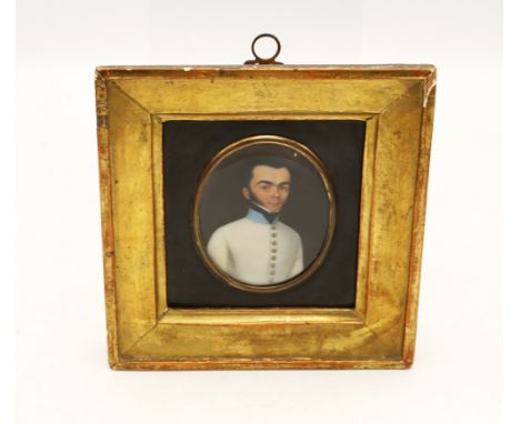 English School (19th century), Portrait of a Gentleman in white attire, Watercolour on ivory, oval, 5.8cm x 7.3cm, In gilt fr
