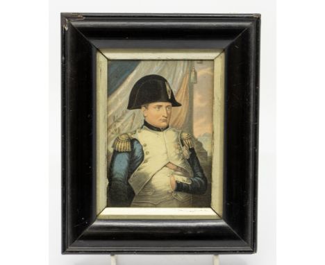 A 19th century framed and glazed portrait print of Napoleon Bonaparte, in black painted wooden frame, (lose needing taped), o