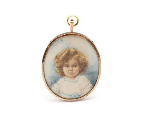 Edwardian School, Portrait miniature of a young girl, watercolour on ivory, 6cm x 7.4cm, signed A. Rose, mounted in 9ct rose 
