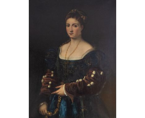 After Titian (1506-1576), La Bella de Tiziano, oil on canvas, 73cm x 98cm, unsigned, title plate titled "La Bella Di Tiziano"