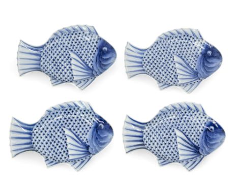 Four matching late 19th century Japanese Arita porcelain novelty fish shaped plates / dishes, each shaped as fish decorated i