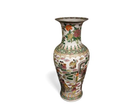 A large late 20th century Chinese pottery floor vase, of baluster shape with flared rim, decorated with flowers and birds to 