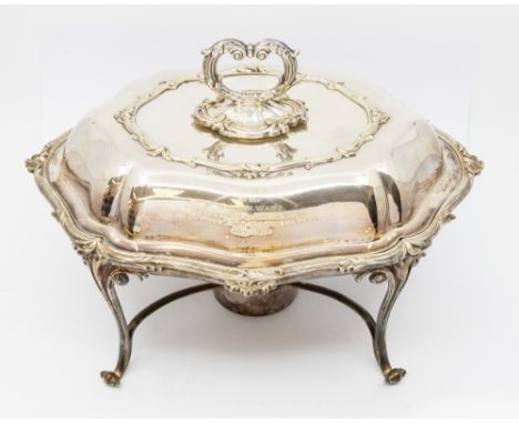 An early 20th Century Regent silver plate shaped oval warming dish, stand and burner, by Goldsmiths Company, stamped with pre