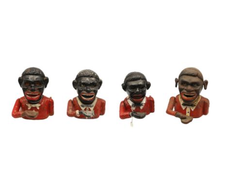 A collection of four early 20th century metal money boxes, one named Little Joe Bank, all wearing red jackets and bow ties. (