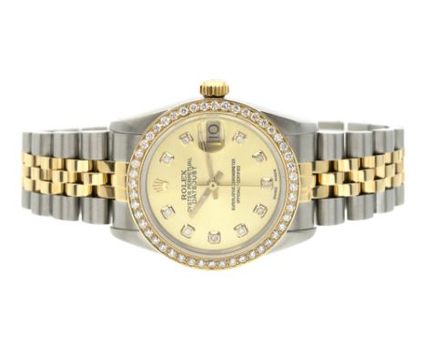 Rolex- a ladies two tone diamond set Oyster Perpetual DateJust two tone steel cased automatic wristwatch, comprising a signed