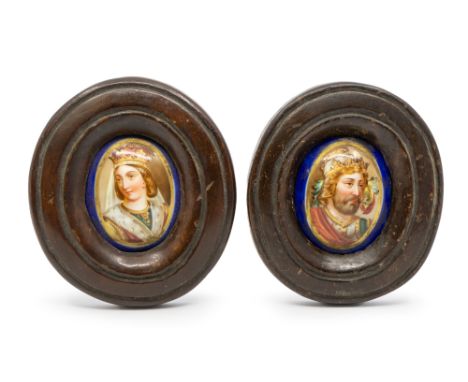 A pair of 19th century French oval painted ceramic portraits of the French King and Queen, with cobalt blue ground and gilt a