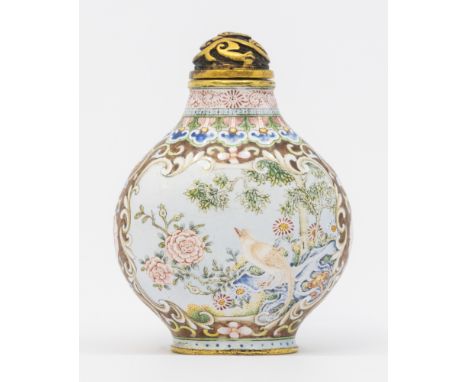 A Chinese enamelled small snuff bottle, with removable metal cover revealing attached spoon, body profusely decorated with br