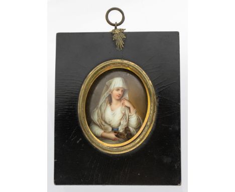 After Angelica Kauffman (1741-1807), Portrait of a Vestal Virgin, hand painted porcelain, 5cm x 6cm, in ebonised frame.  Cond