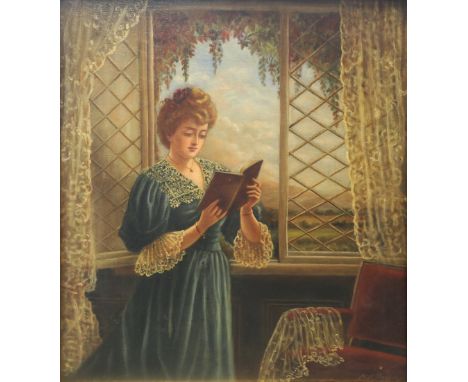 M K Burbidge (British, early 20th century), Edwardian lady by a window, oil on canvas, 38.5cm x 50cm, signed and dated (19)05