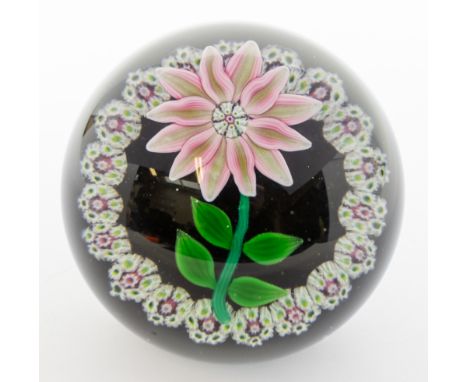 Paul Ysart - a glass paperweight with large lampwork flower with diachromatic gold strips and a compex central cane, on a gre