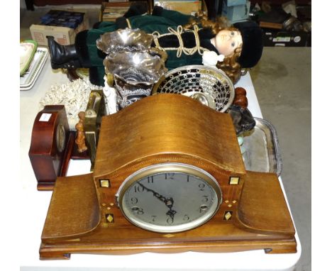 A pair of plated spill vases, an inlaid mahogany mantel clock, a modern doll and miscellaneous items. 