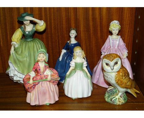 Four Royal Doulton figurines: 'Buttercup' HN2309, 'Debbie' HN2385, 'Penny' HN2338 and 'Bo Peep' HN1811, a Royal Worcester fig