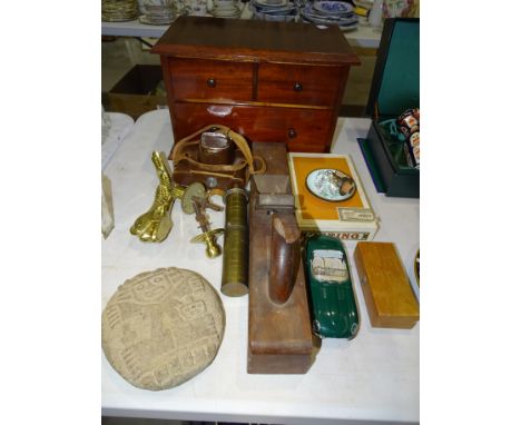 A small table-top stained wood chest of two small and one long drawer, 39cm wide, 25cm high, 23cm deep, a Konica SII camera, 