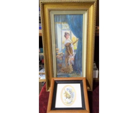 Ida M Bogue, 'Study of an Edwardian lady, drawing curtains', 33 x 15cm, signed and dated 1907 and an oval miniature study of 