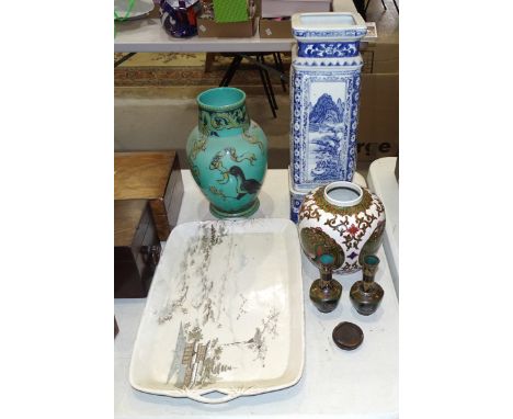 A Japanese ceramic cabaret two-handled tray decorated with pagoda within a landscape, 47 x 28.5cm, a pair of cloisonné hexago