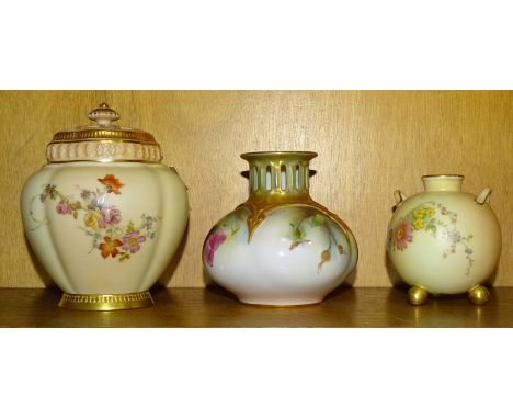 A Royal Worcester porcelain blush ivory pot pourri pot and cover decorated with flowers, inner cover lacking, puce factory an