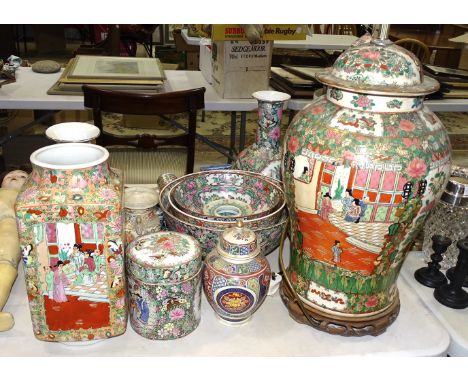 A large modern chrome Cantonese decorated table lamp in the form of a baluster vase, 60cm high (excluding shade) and a collec