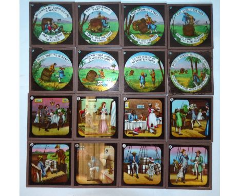 A collection of vintage magic lantern slides, including 'Uncle Tom's Cabin' (24), 'The Tiger and the Tub' (8) and 'Peter Pan'